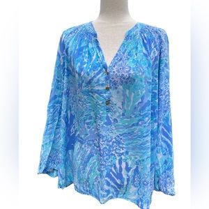 Lilly Pulitzer 100% Silk Elsa Blouse Shirt Top Blue Haven Hey Hey Soleil Size XL